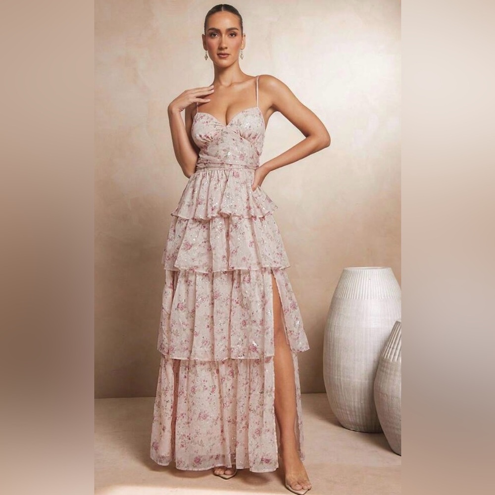 SHEIN Blush Floral Tiered Spaghetti Strap Maxi Dress